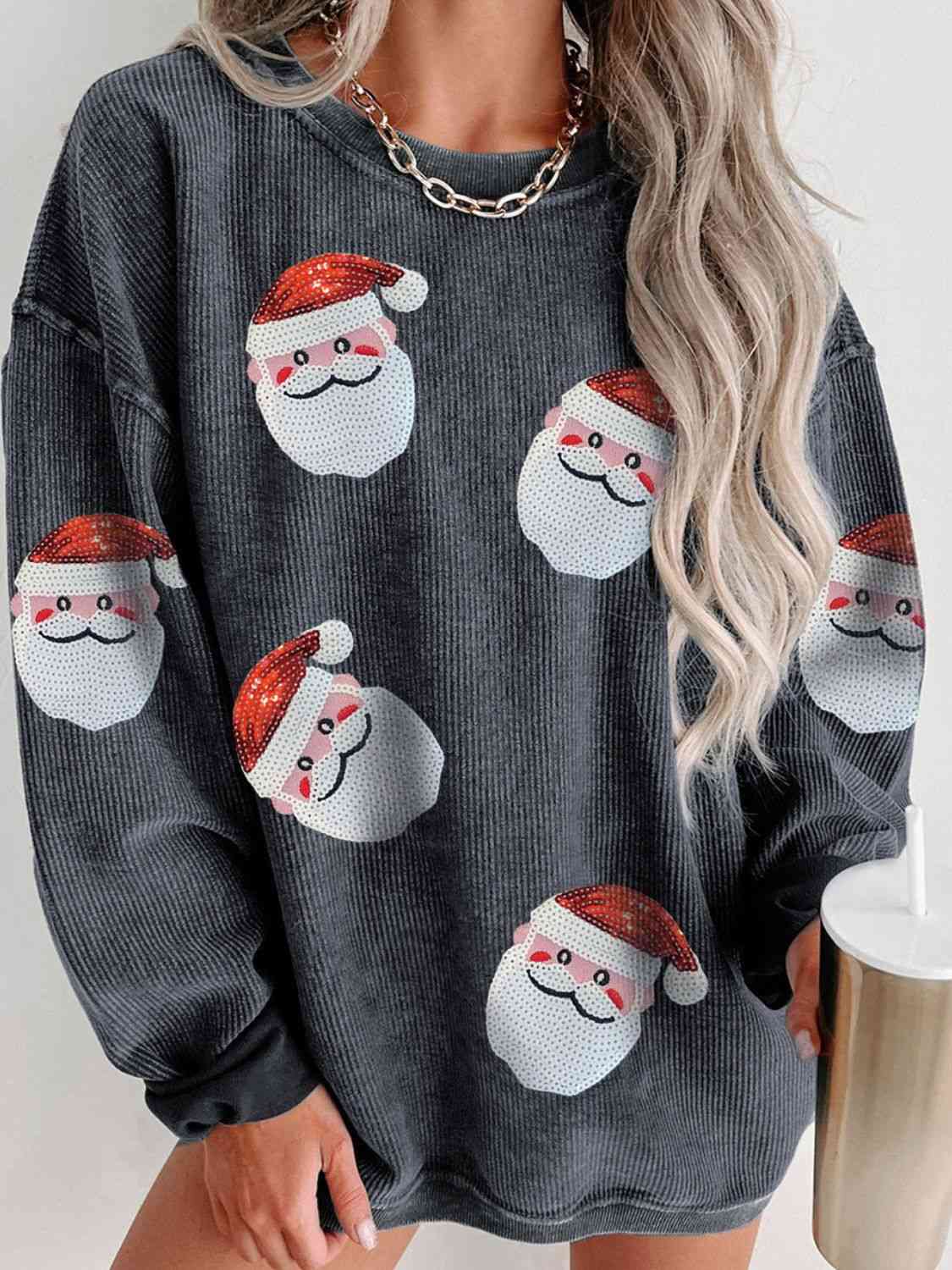 Sequin Santa Patch Ribbed Sweatshirt - CatConcepts