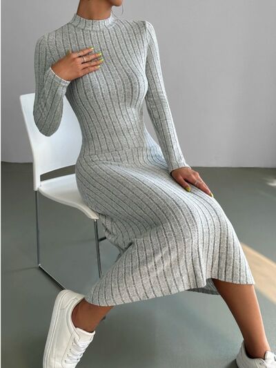 Ribbed Mock Neck Long Sleeve Midi Sweater Dress