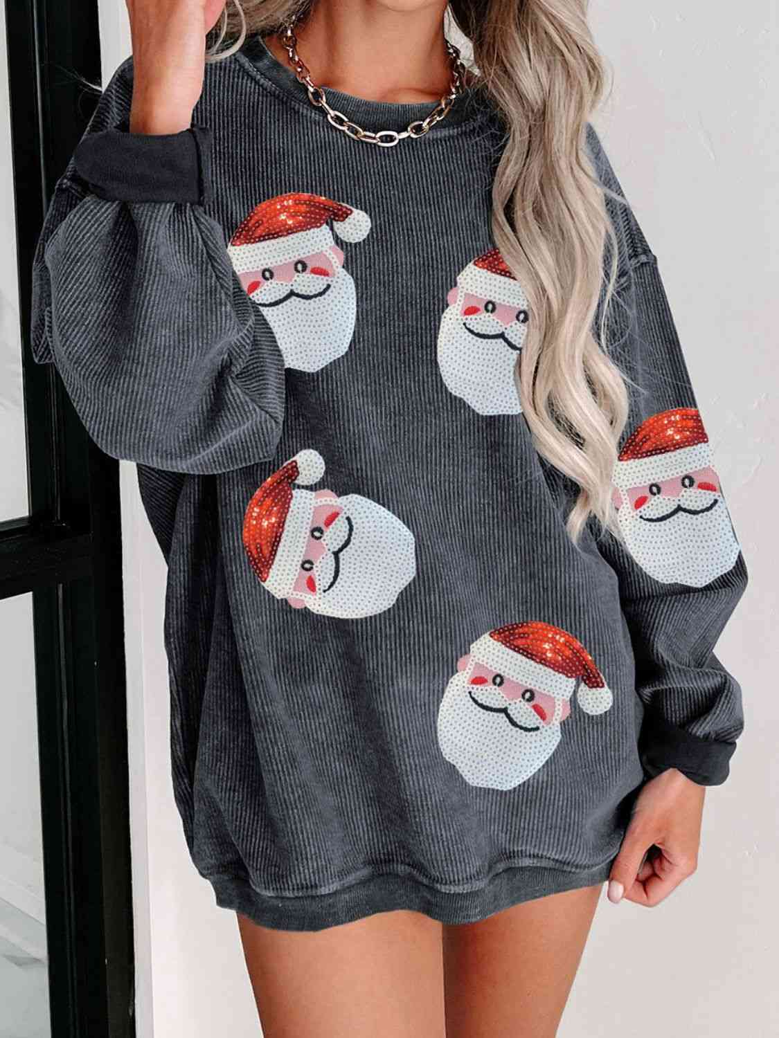 Sequin Santa Patch Ribbed Sweatshirt - CatConcepts